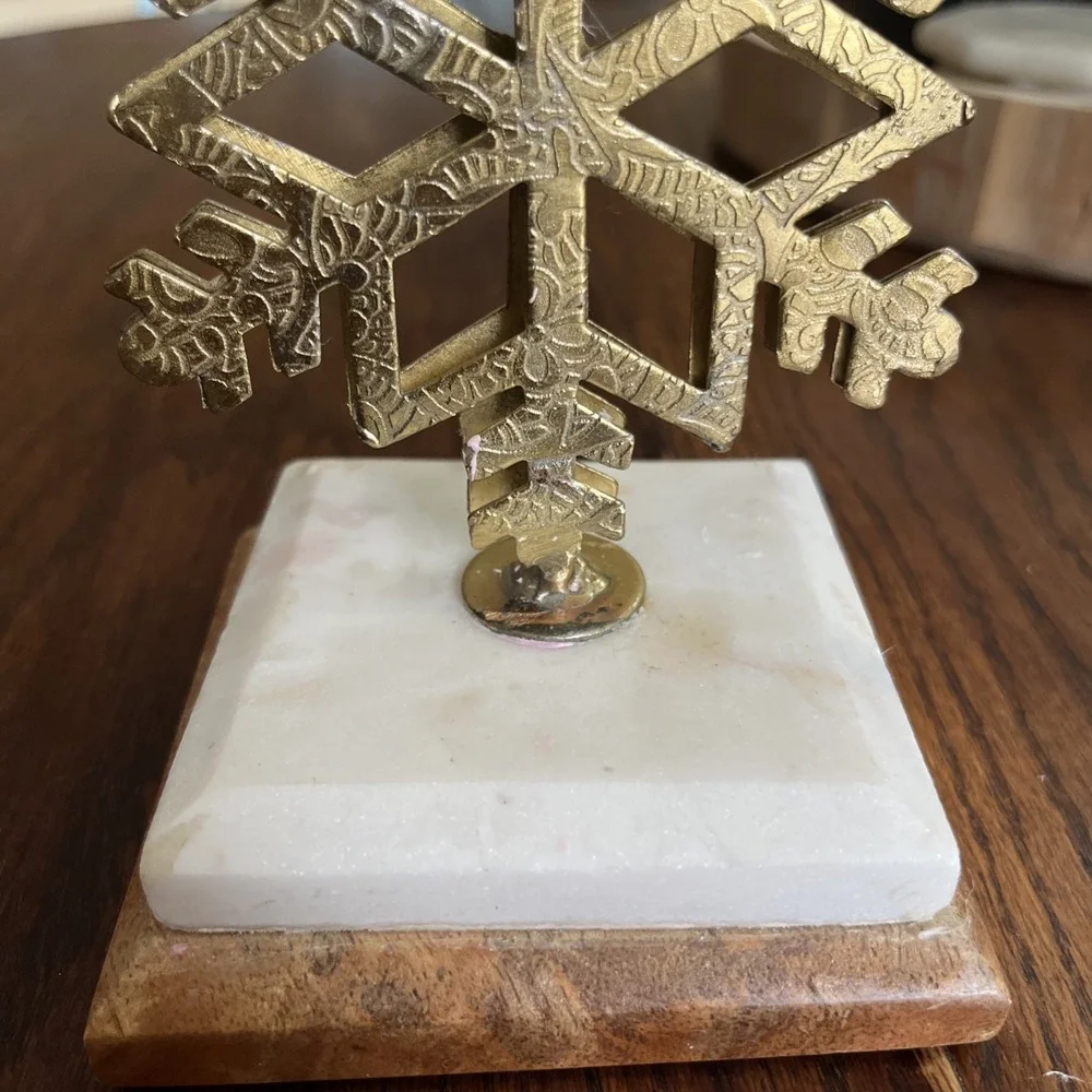 Metal Menorah With Snowflake Decor Hanukkah Brutalist Marble Wood Base See Photo